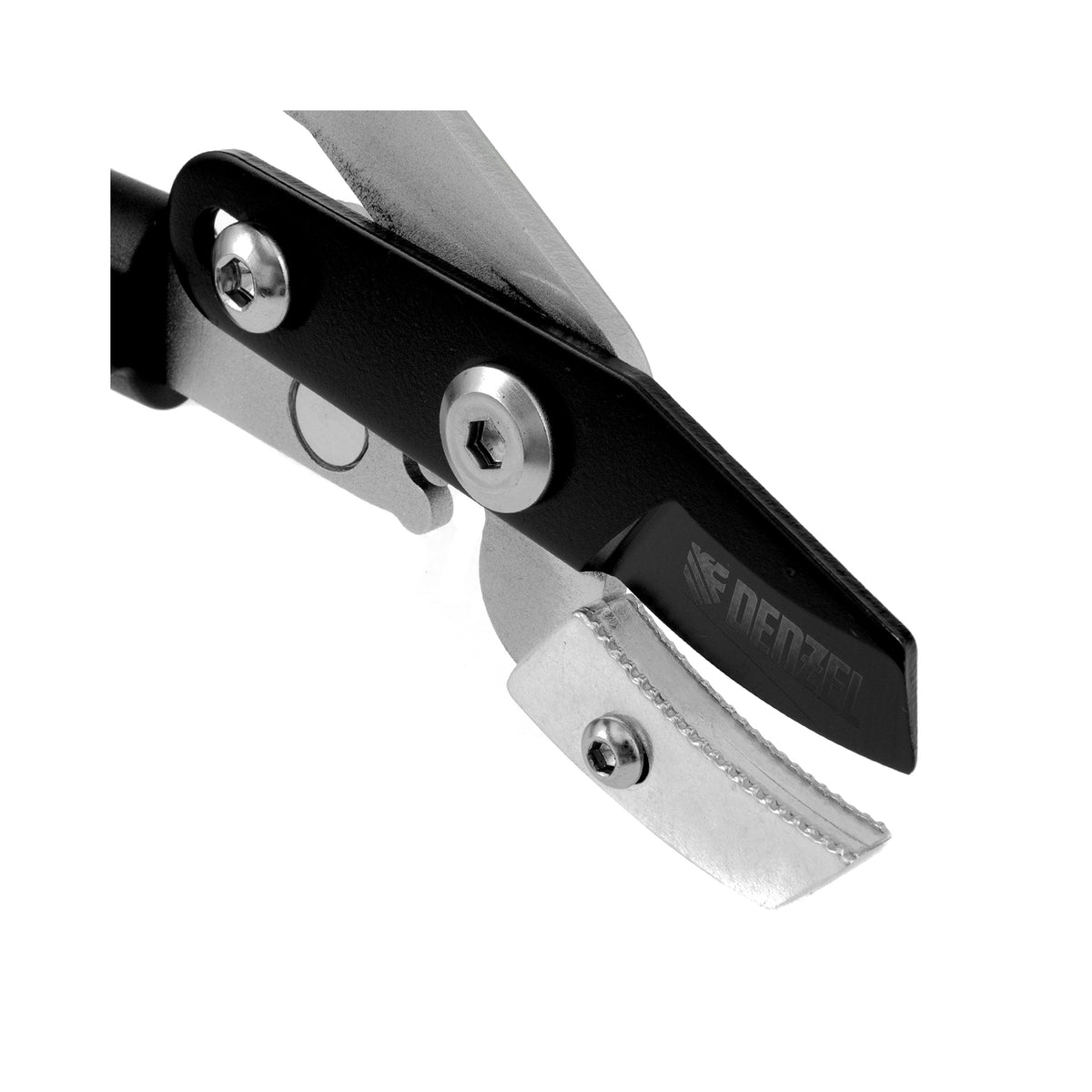 Black multi-tool with a razor blade on a white background