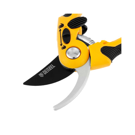 Gardening pruner with yellow and black handle on a white background