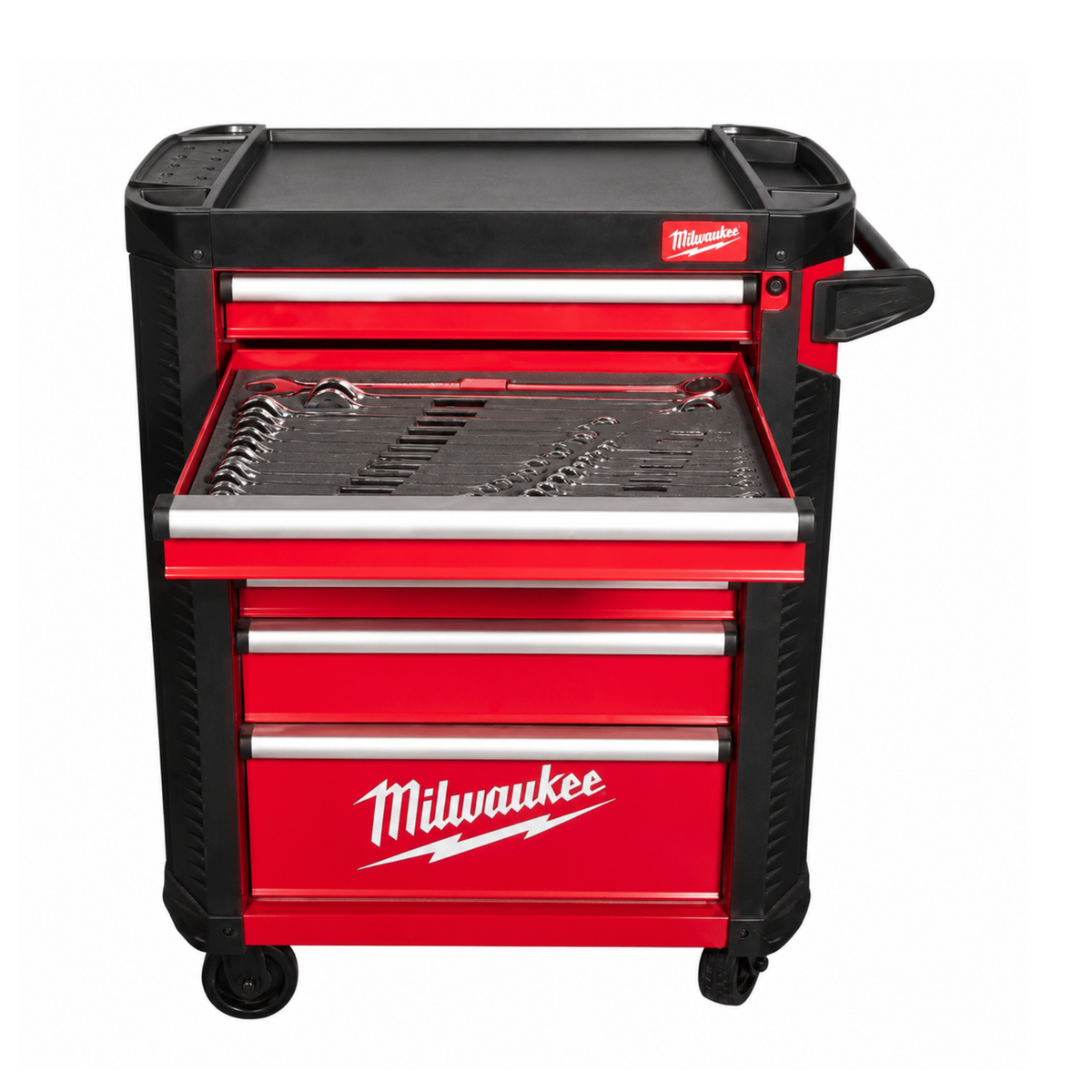 Red and black Milwaukee tool cart with open drawer on a white background