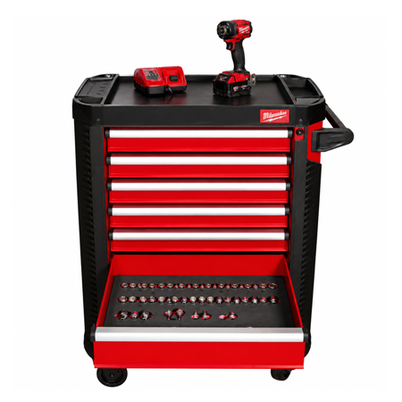 Red and black tool cart with tools on a white background