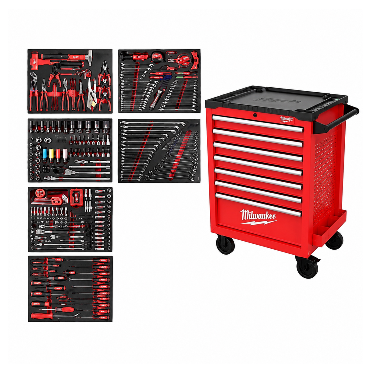 Red Milwaukee toolbox with tool sets on a white background