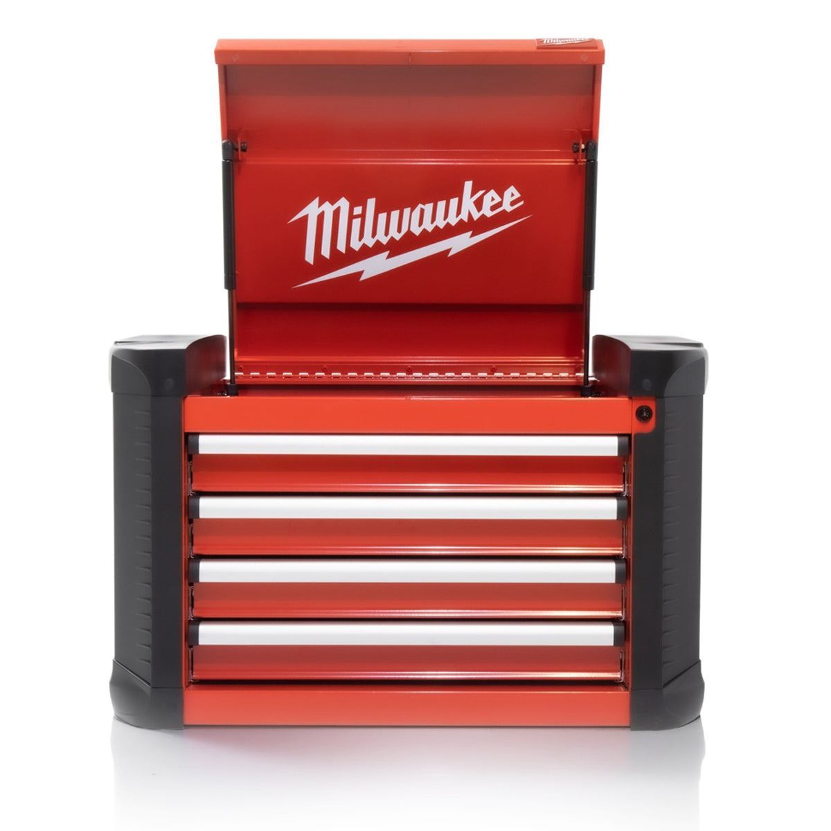 Red tool chest with Milwaukee logo on a white background