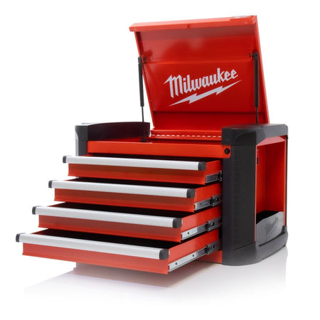 Red Milwaukee tool chest with open lid on a white background