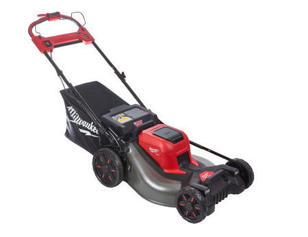 Red and black lawn mower on a white background