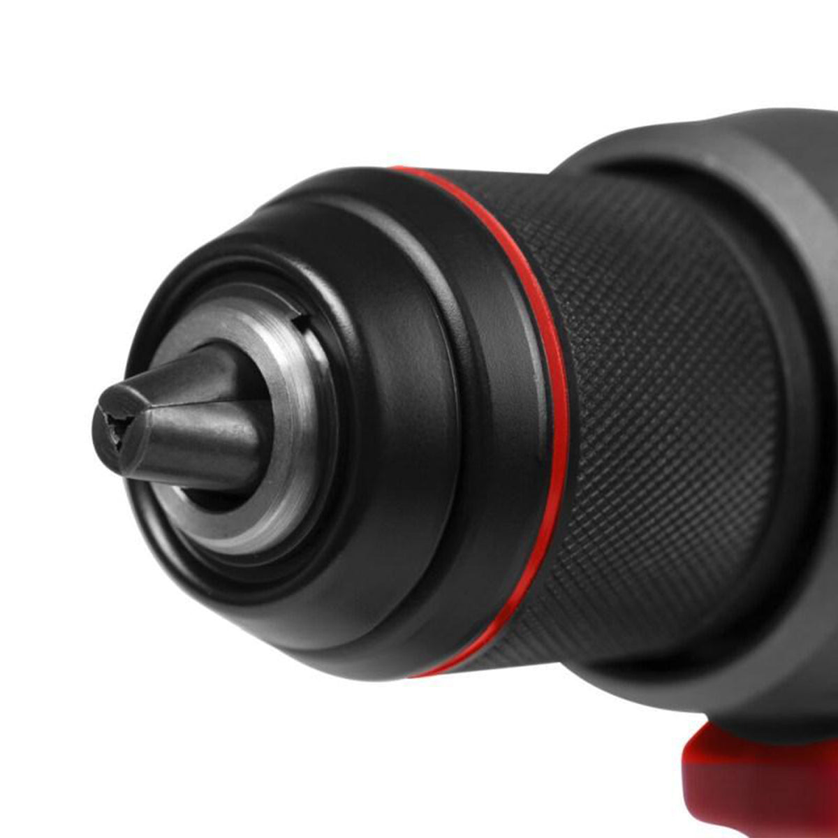 Close-up of a black and red drill bit attachment on a white background
