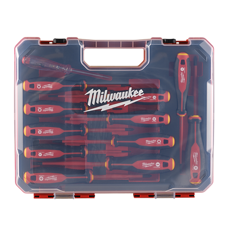 Milwaukee screwdriver set in a clear plastic carrying case with red and orange handles, shown on a white background.