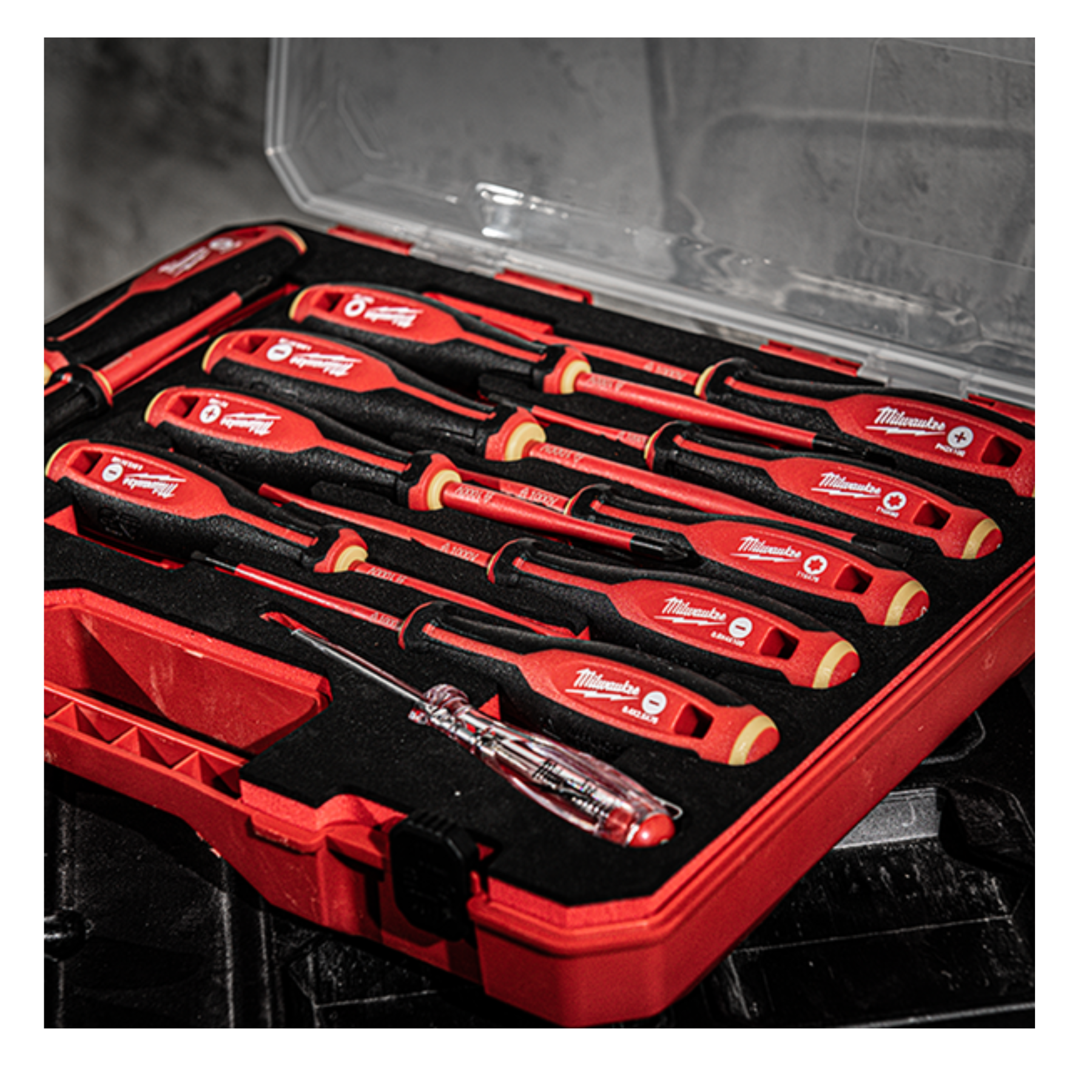 Set of Milwaukee screwdrivers in a red and black case on a dark background