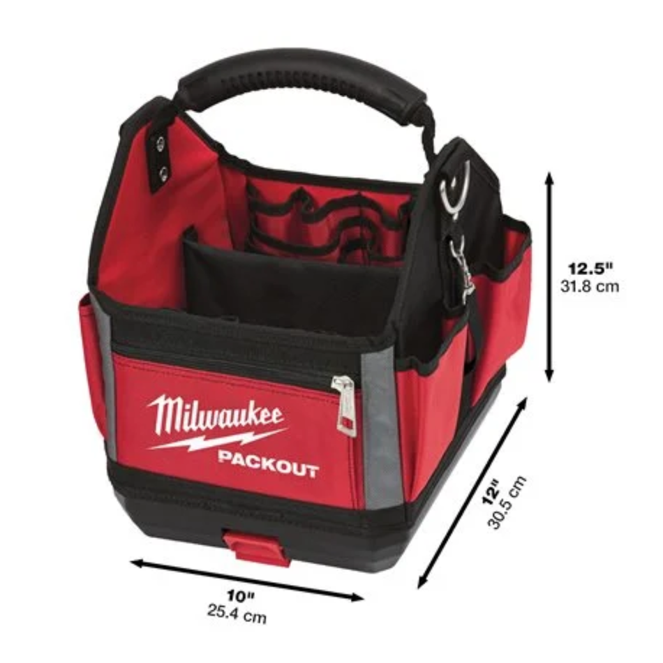 Red Milwaukee Packout tool bag with dimensions on a white background