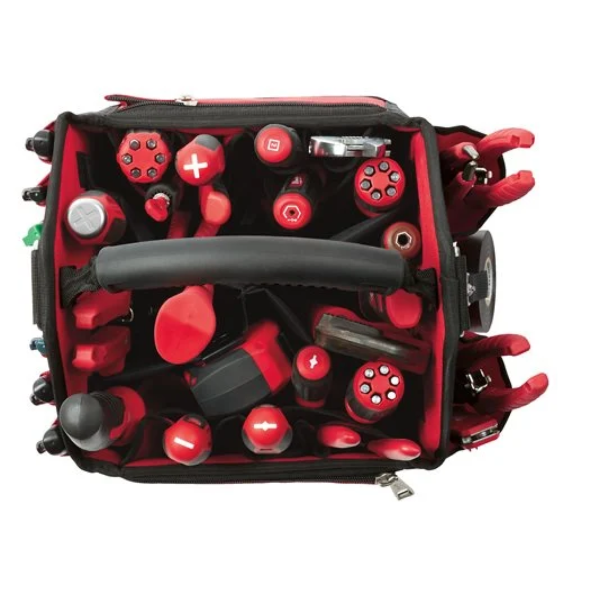 Black and red tool bag with various compartments on a white background
