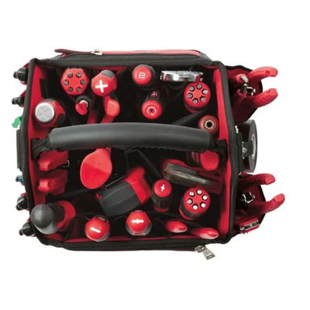 Black and red tool bag with various compartments on a white background