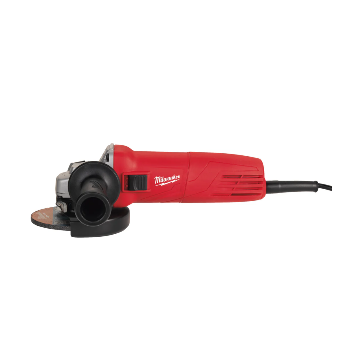 Red Milwaukee angle grinder on a white background