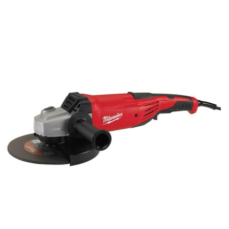 Red and black Milwaukee angle grinder on a white background