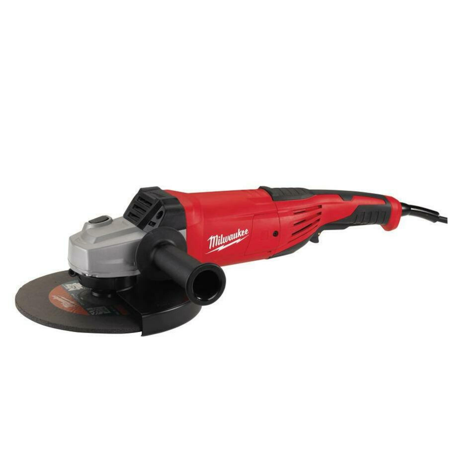 Red and black Milwaukee angle grinder on a white background
