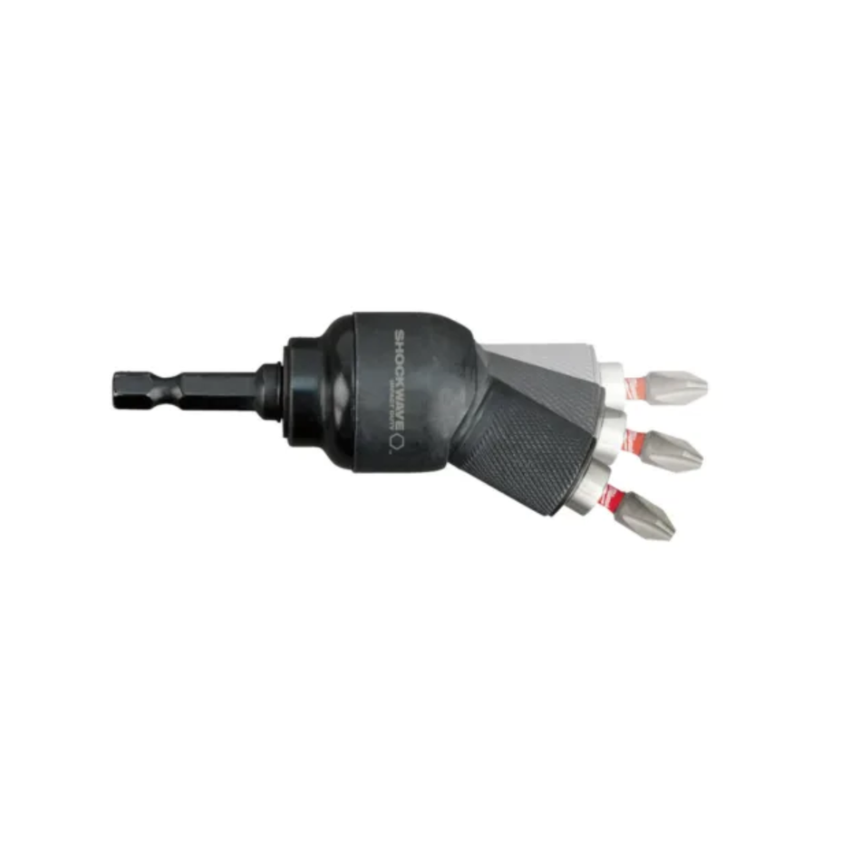 Black drill bit holder with multiple drill bits on a white background