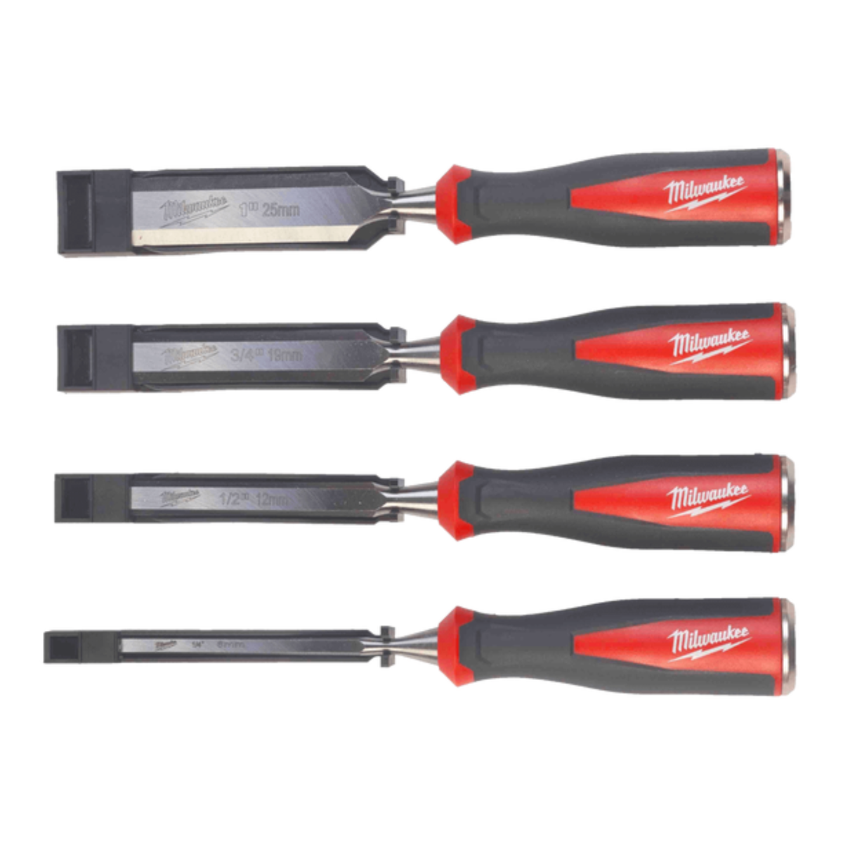 Set of four Milwaukee chisels with red and black handles on a white background