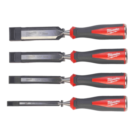 Set of four Milwaukee chisels with red and black handles on a white background