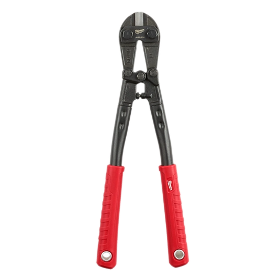 Pair of bolt cutters with red handles on a white background