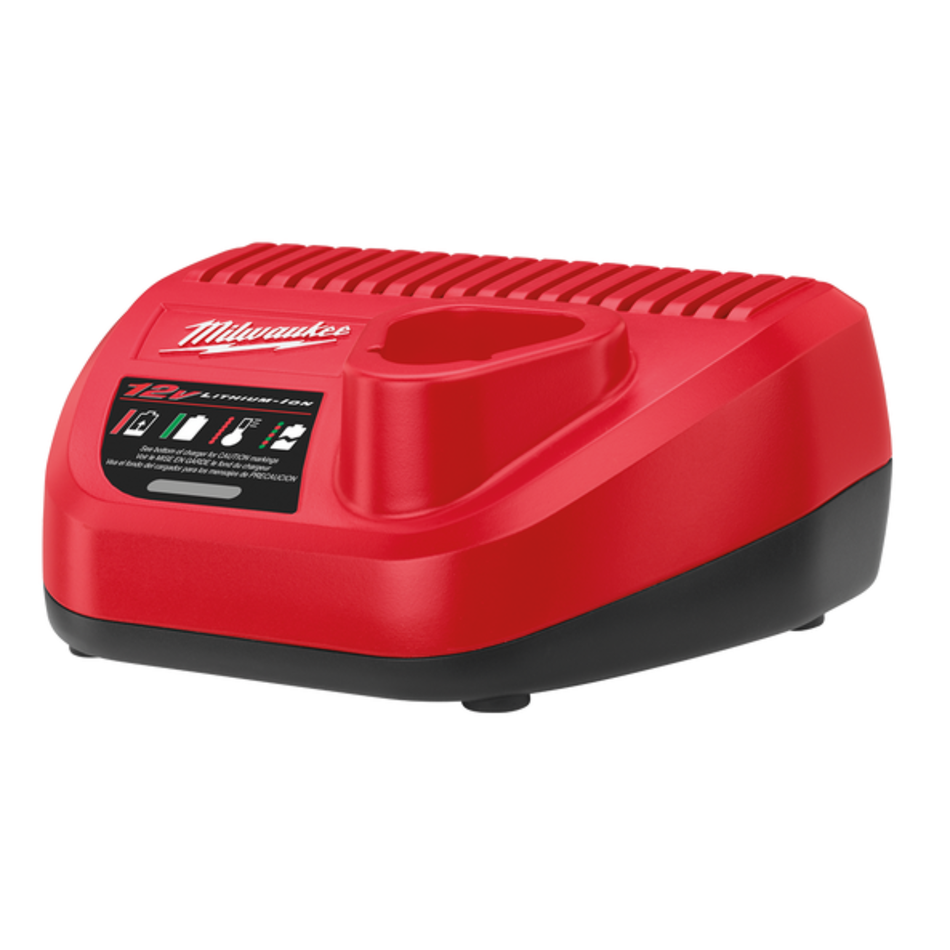 Red Milwaukee battery charger on a white background