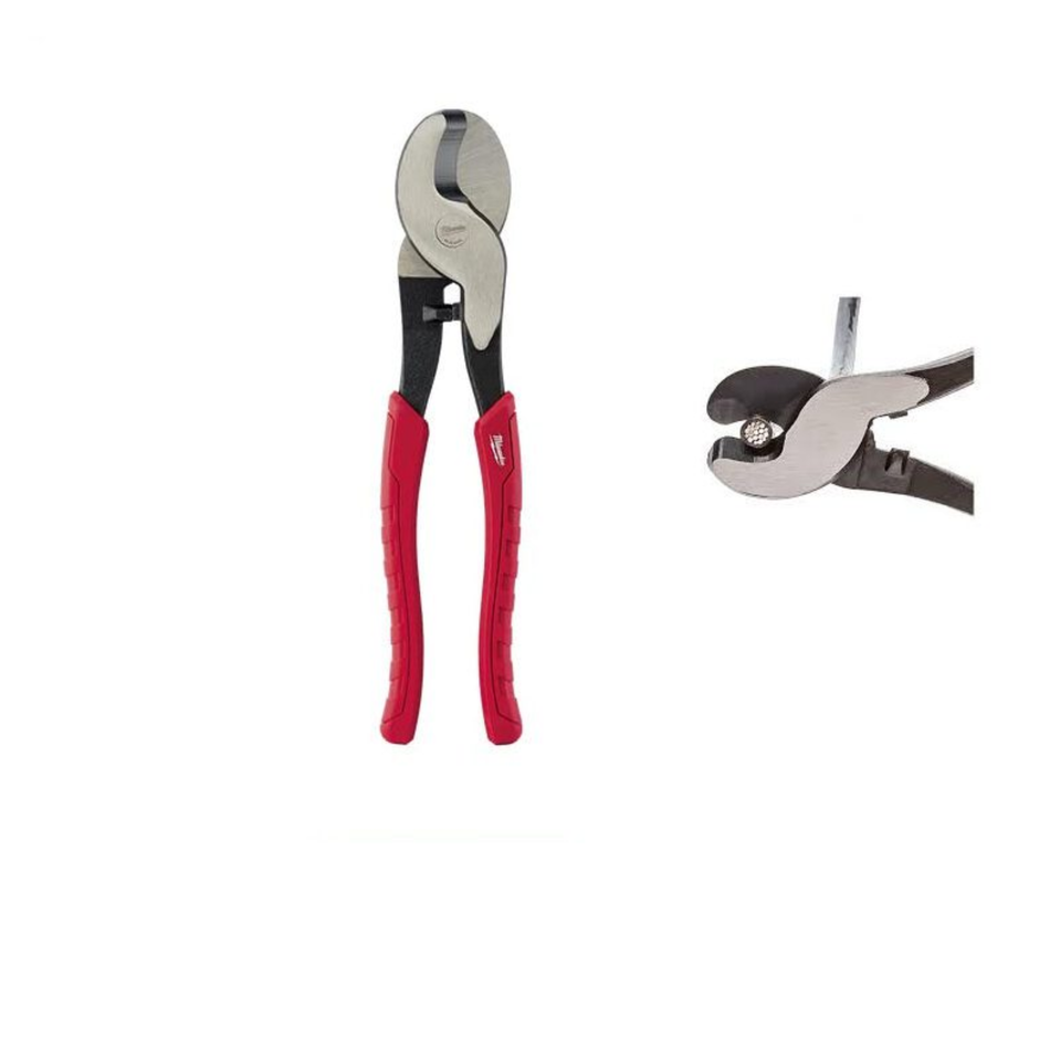 Wire cutters with red handles on a white background