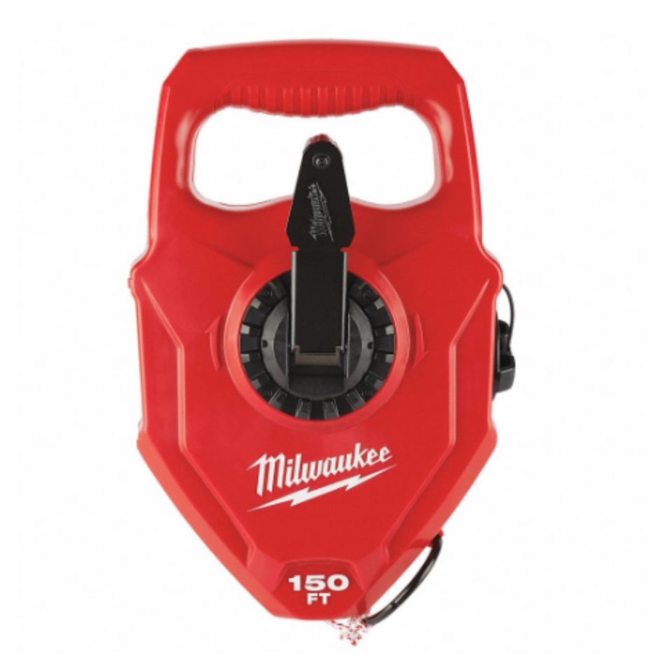 Red Milwaukee tape measure on a white background