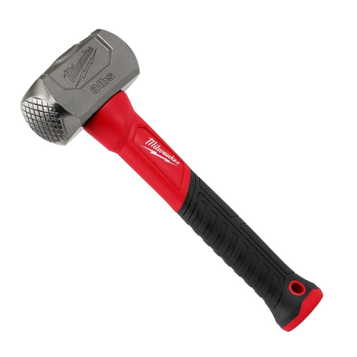 Red and black hammer with a gray head on a white background