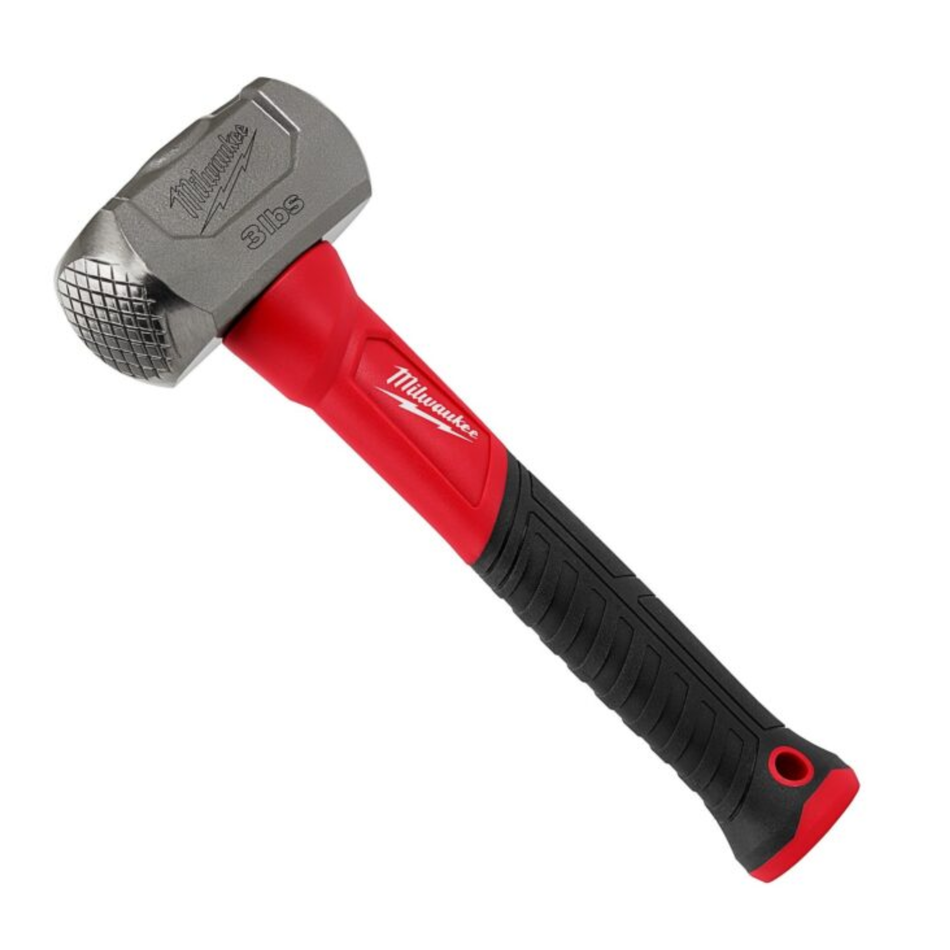 Red and black hammer with a gray head on a white background