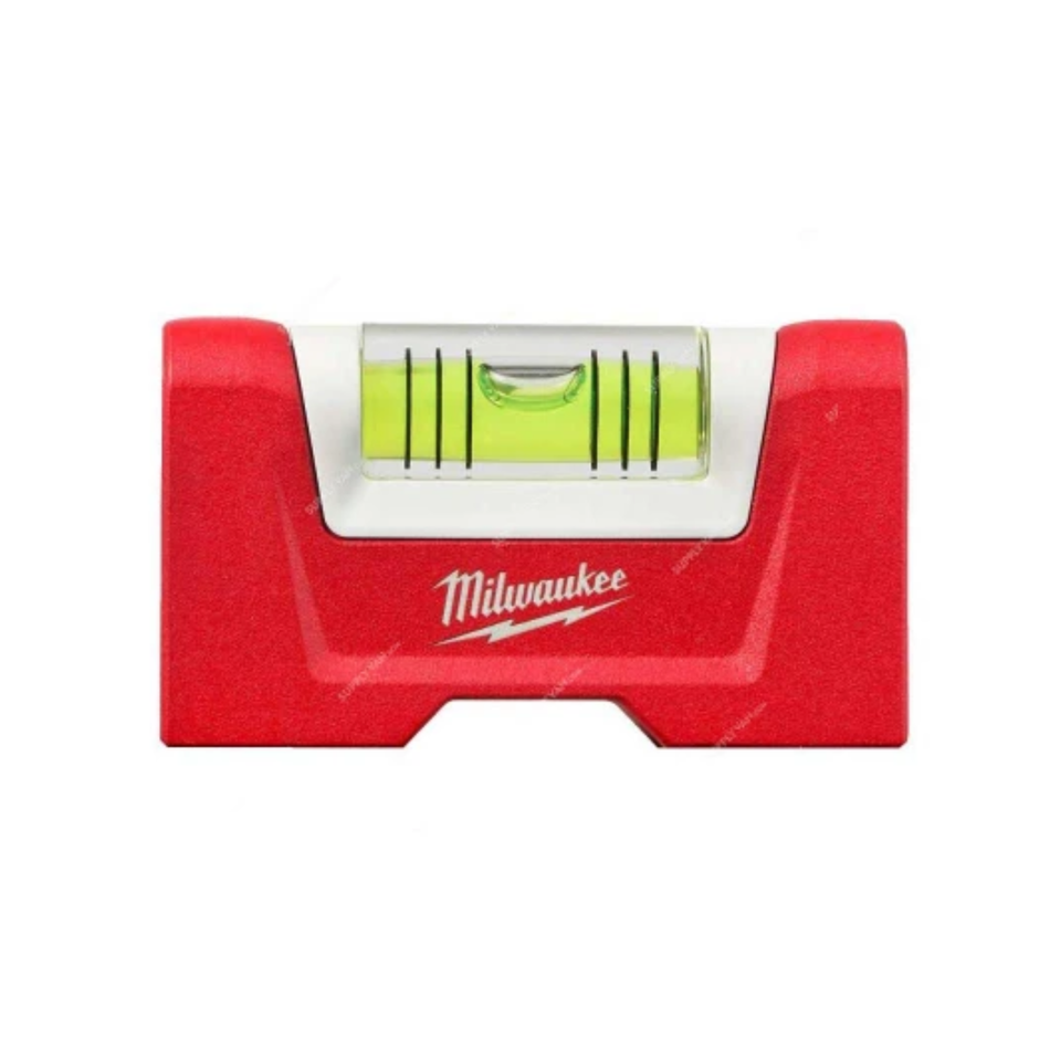 Red Milwaukee tool with a clear center displaying a level, on a white background