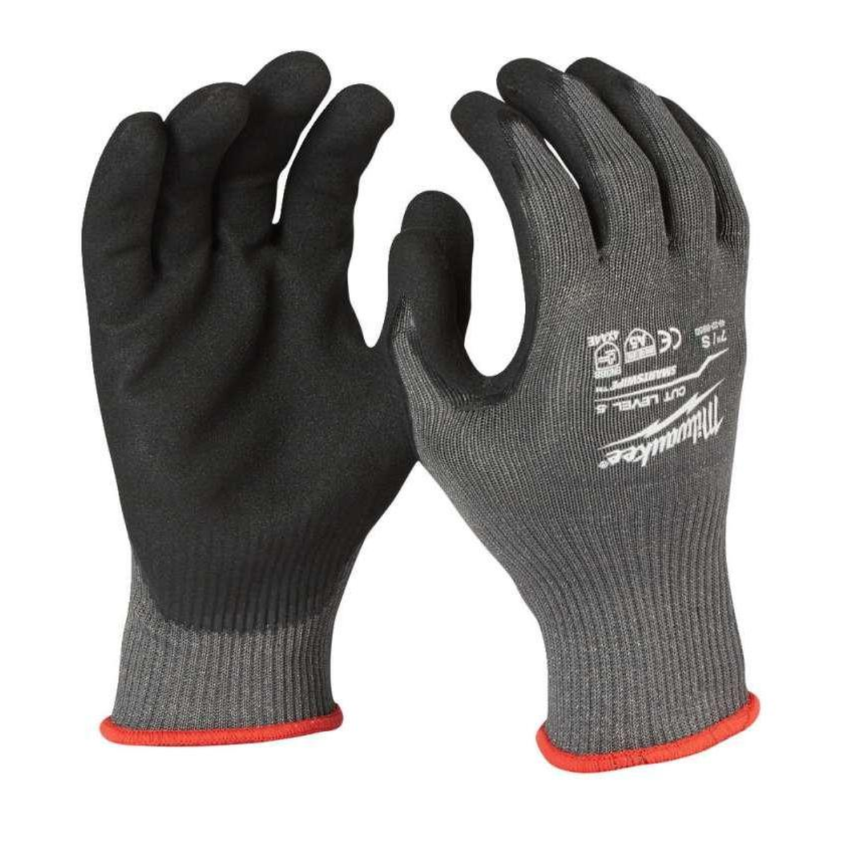 Pair of black and gray gloves with red accents on a white background