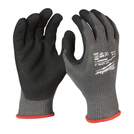 Pair of black and gray gloves with red accents on a white background
