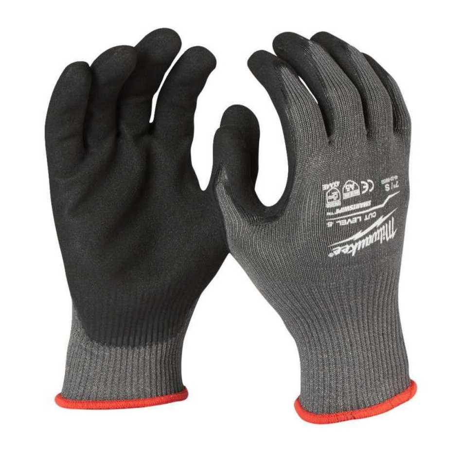 Pair of black and gray gloves with red accents on a white background