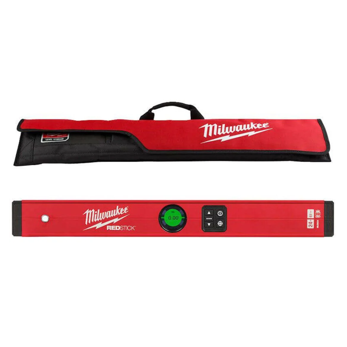 Red Milwaukee tool bag with digital level on a white background