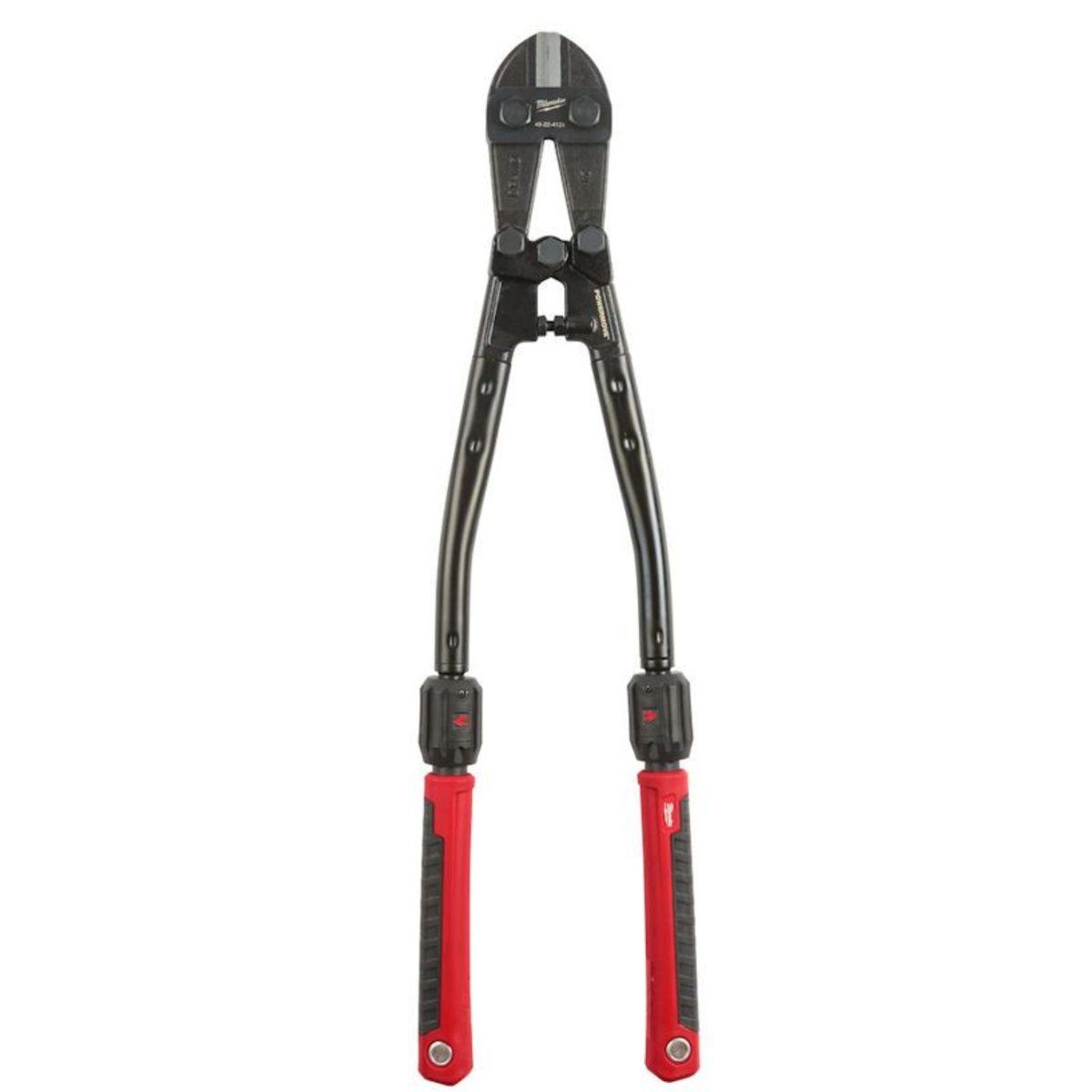 Pair of bolt cutters with red and black handles on a white background