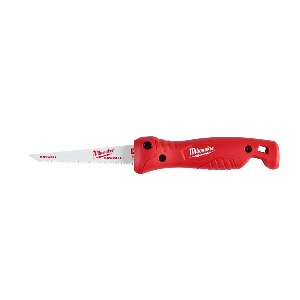 Red Milwaukee folding saw on a white background