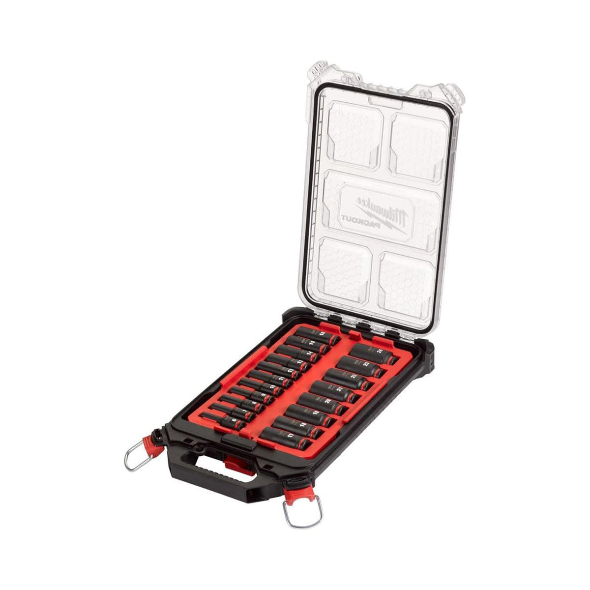 Tool bit set in a clear plastic case on a white background