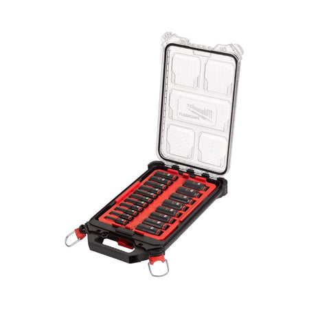Tool bit set in a clear plastic case on a white background