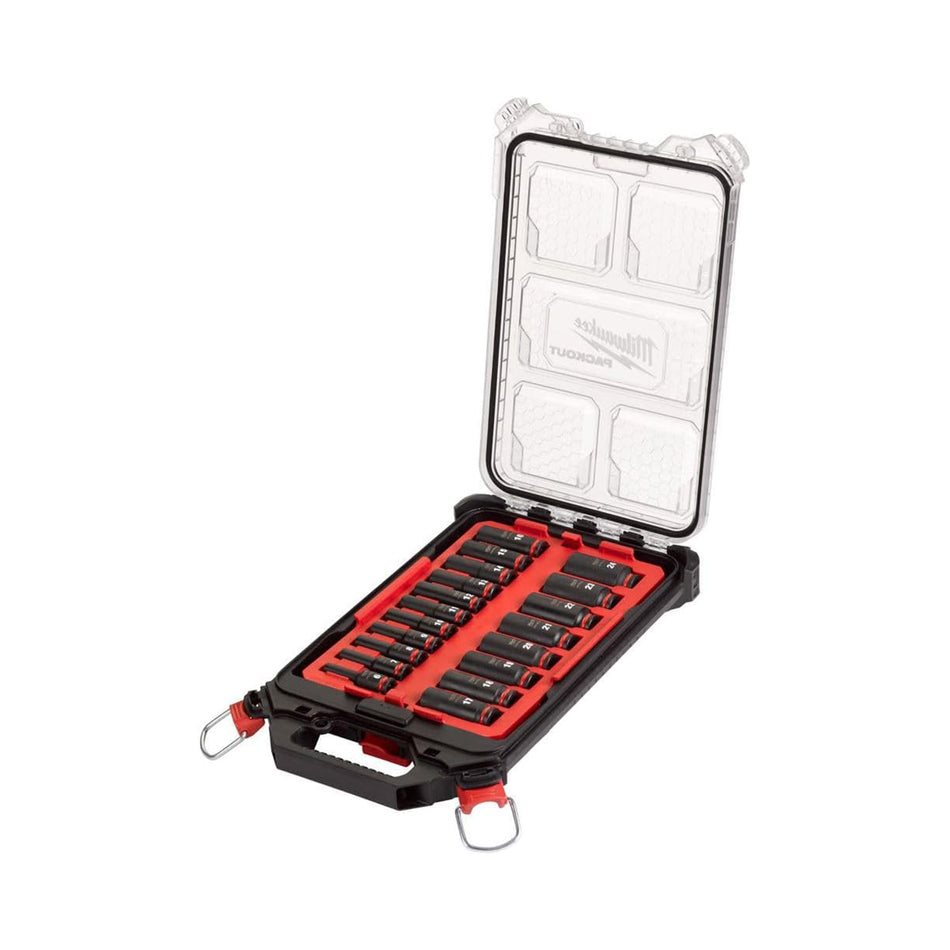 Tool bit set in a clear plastic case on a white background