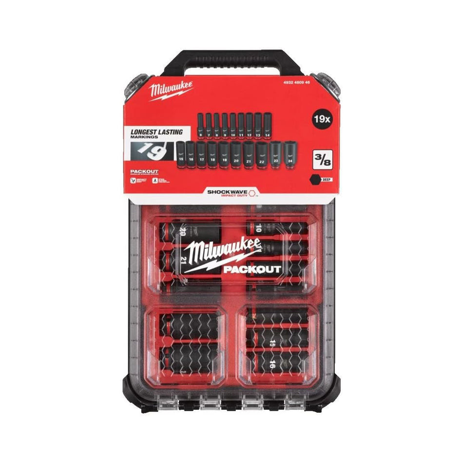Milwaukee tool set packaging with red and black design on a white background