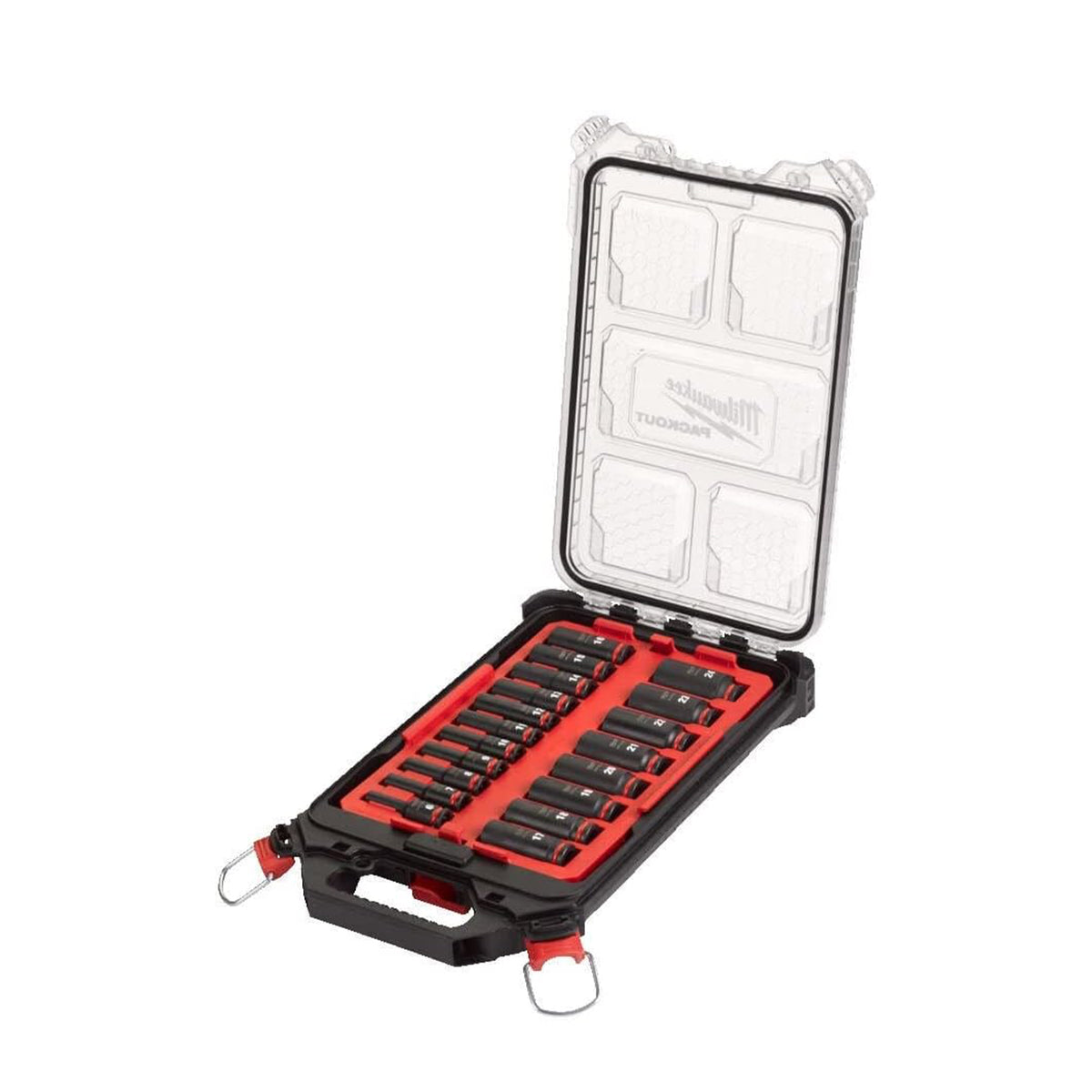 Tool bit set in a clear plastic case with red accents on a white background