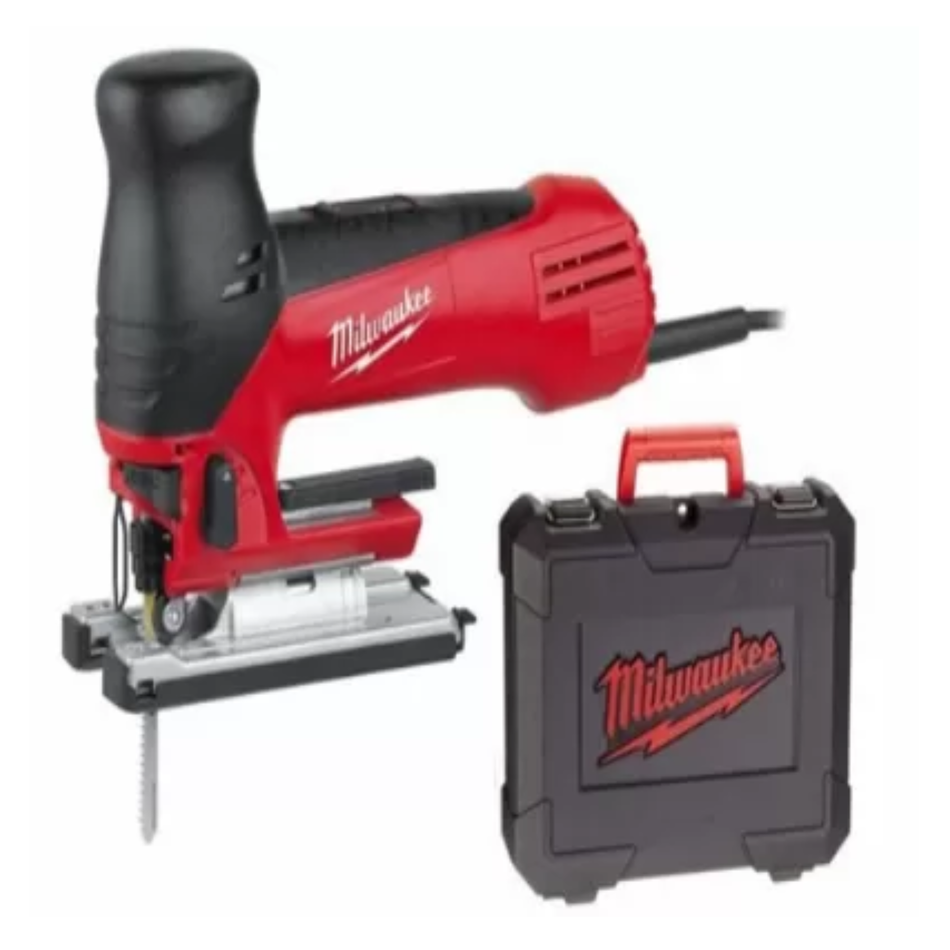 Red Milwaukee jigsaw with black carrying case on a white background