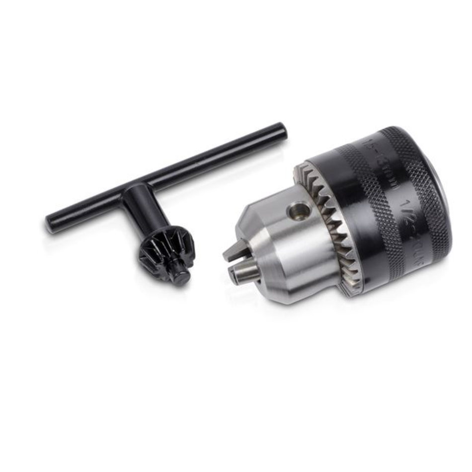 Drill bit set with a drill chuck and key on a white background