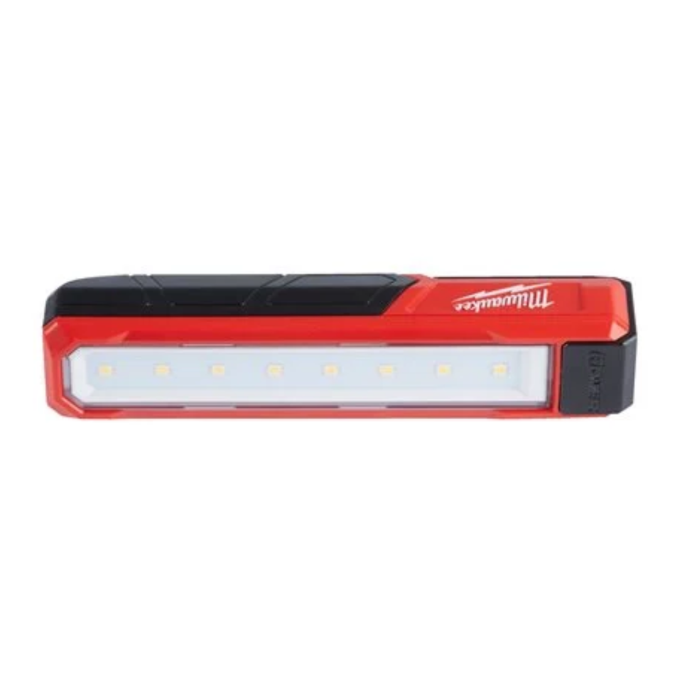 Red and black Milwaukee tool light on a white background