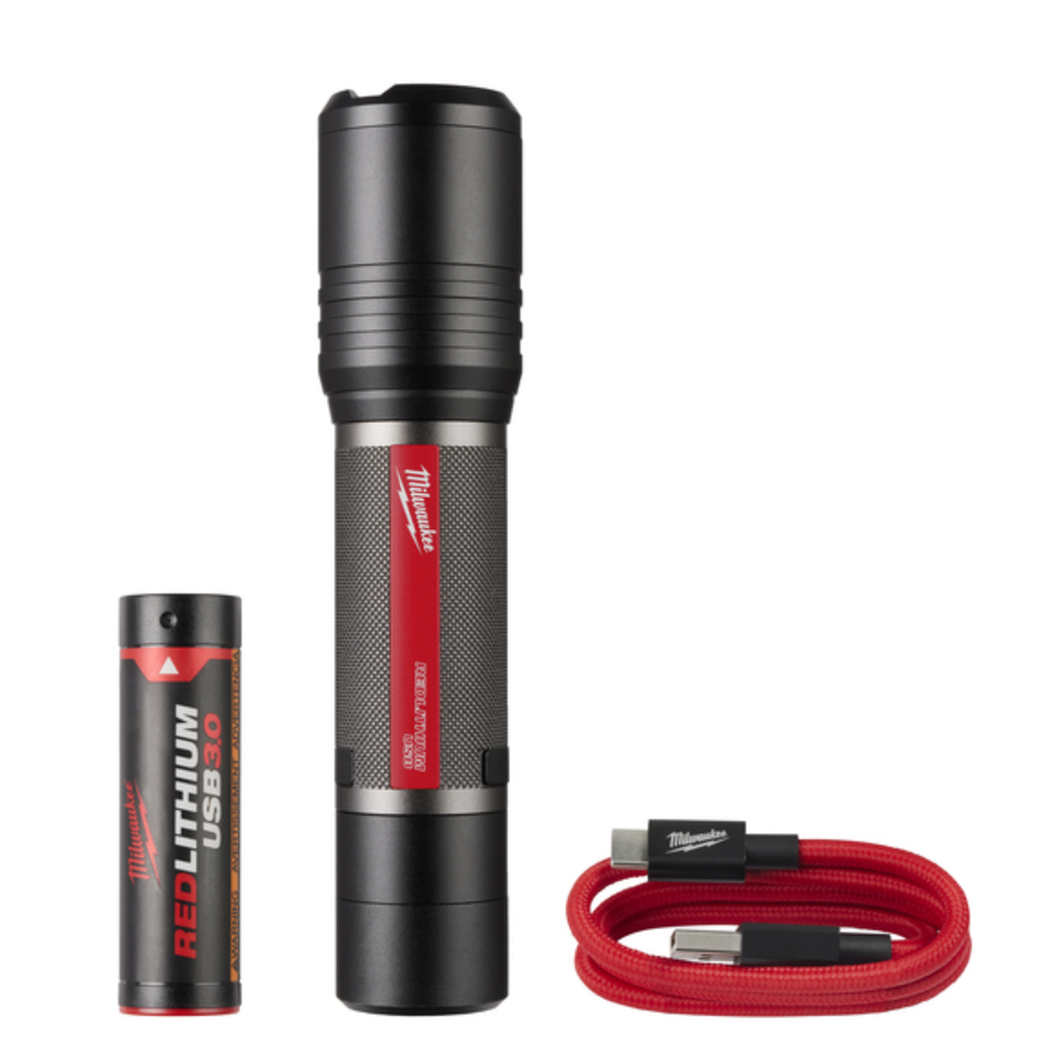 Black flashlight with red accents and a battery pack on a white background