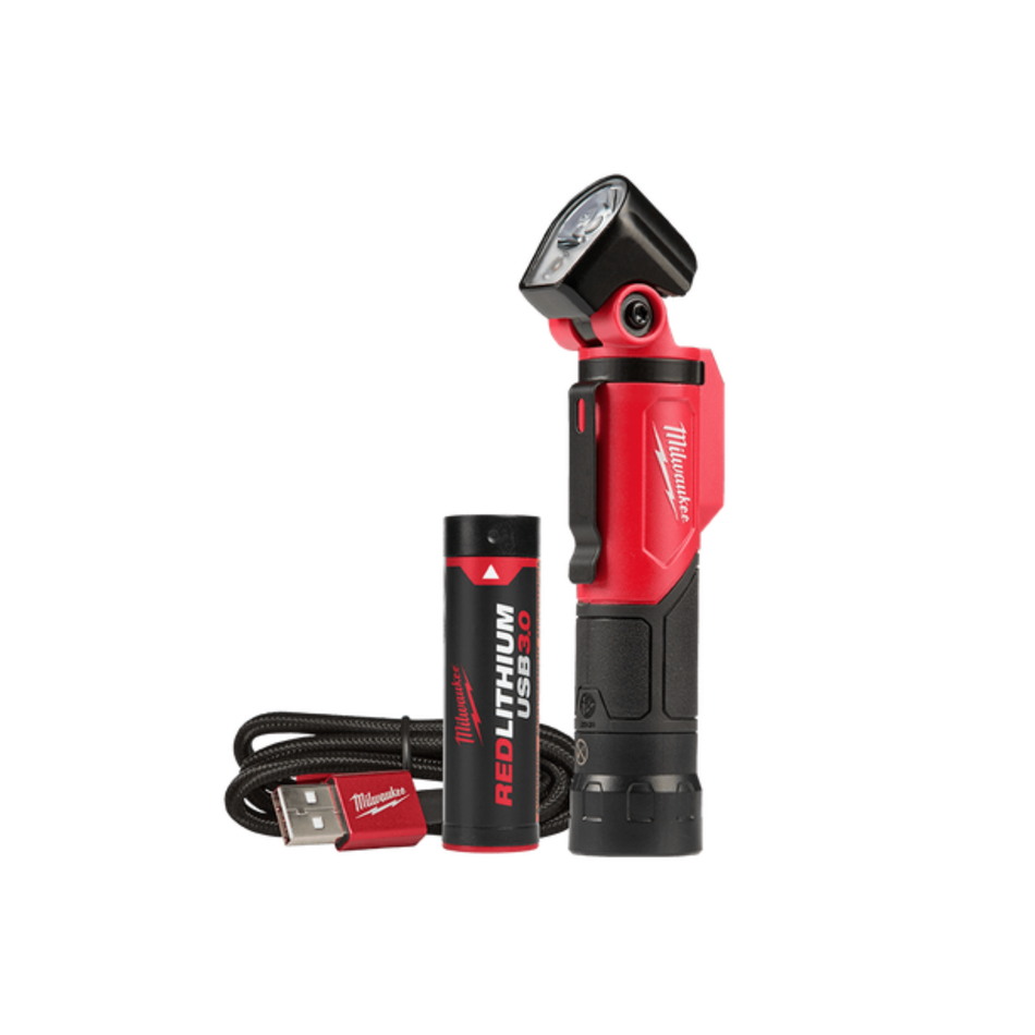 Red and black Milwaukee tool light with USB battery on a white background