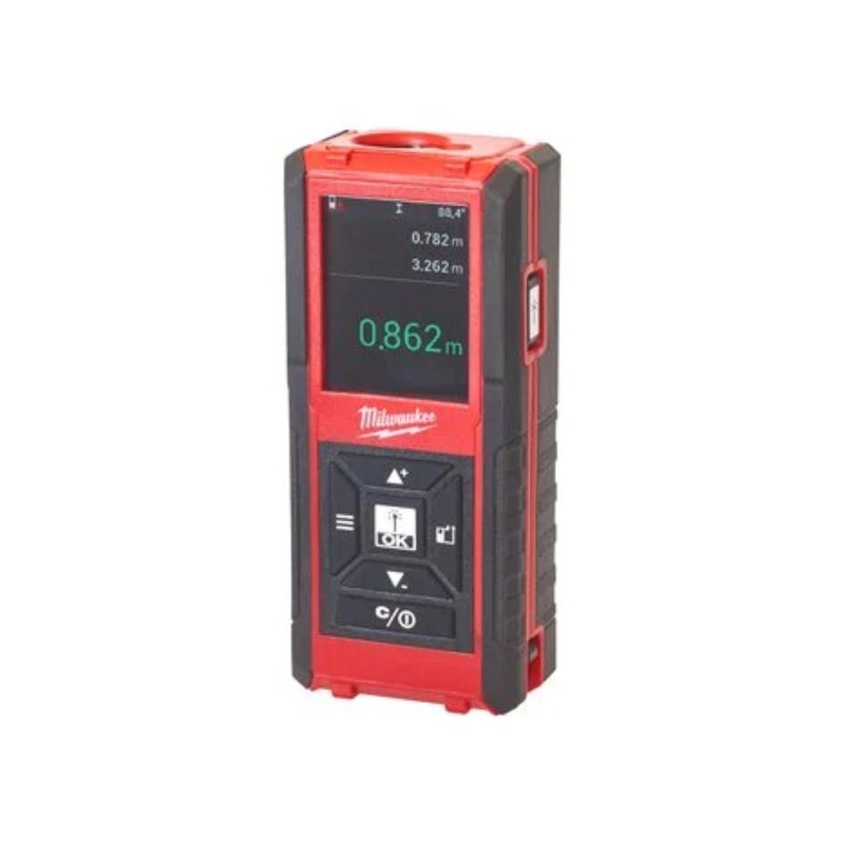 Red and black Milwaukee laser measure on a white background