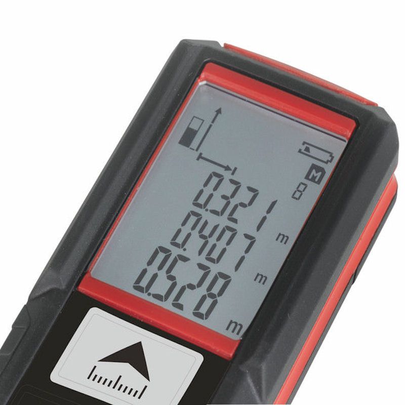 Digital laser measuring device with a red and black casing on a white background
