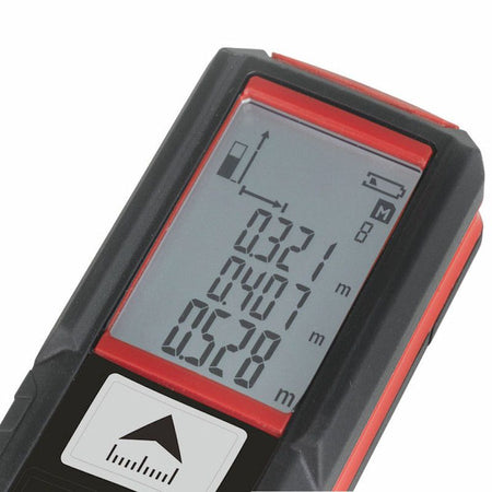 Digital laser measuring device with a red and black casing on a white background