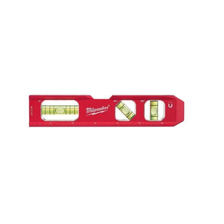Milwaukee red 3-in-1 level square tool with integrated ruler and three spirit levels, shown on a plain white background.