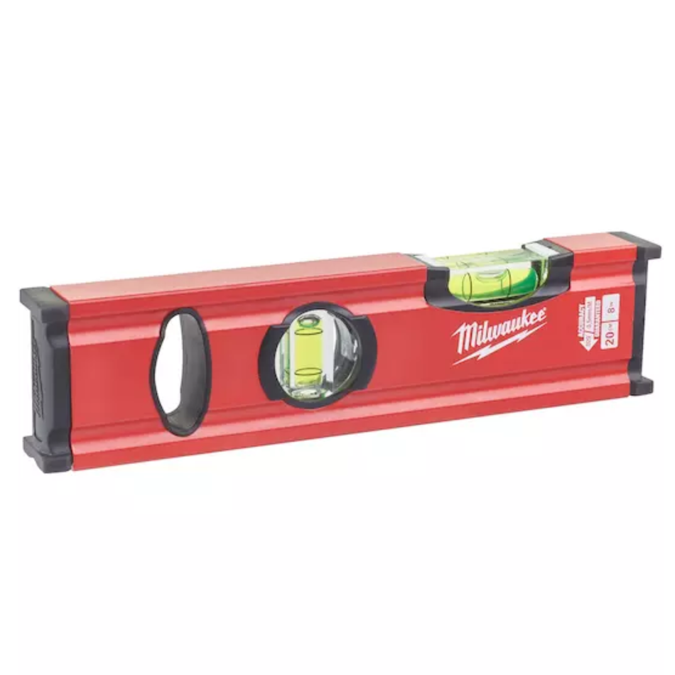 Red Milwaukee level on a white background