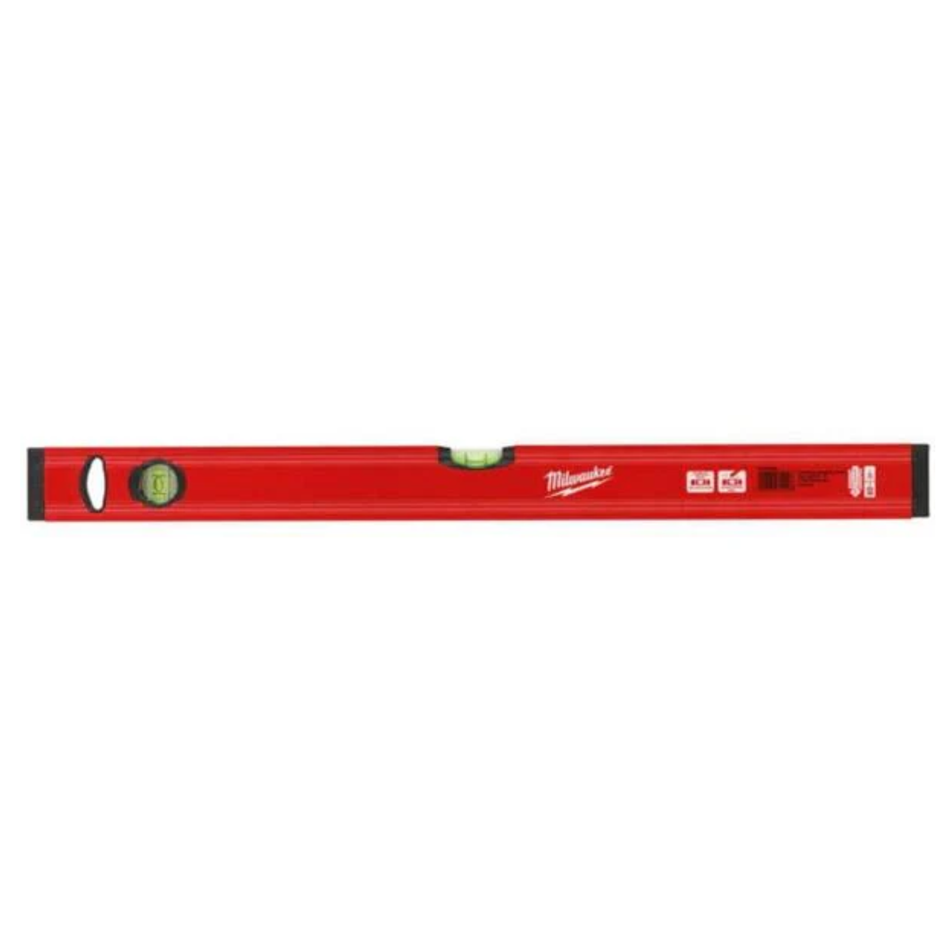Red Milwaukee level on a white background