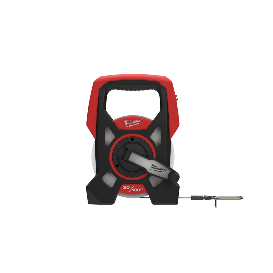 Red and black Milwaukee tape measure on a white background